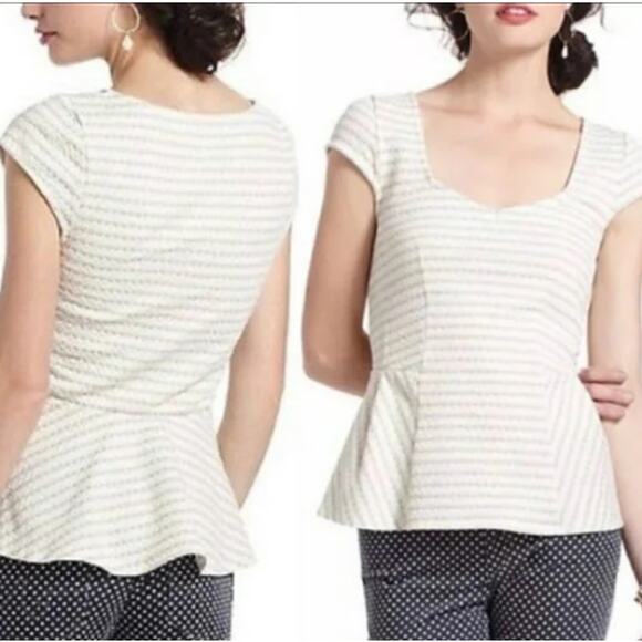 Postmark Anthropologie Women's Blue & Ivory Cap Sleeve Peplum Blouse Size Small - Picture 1 of 10